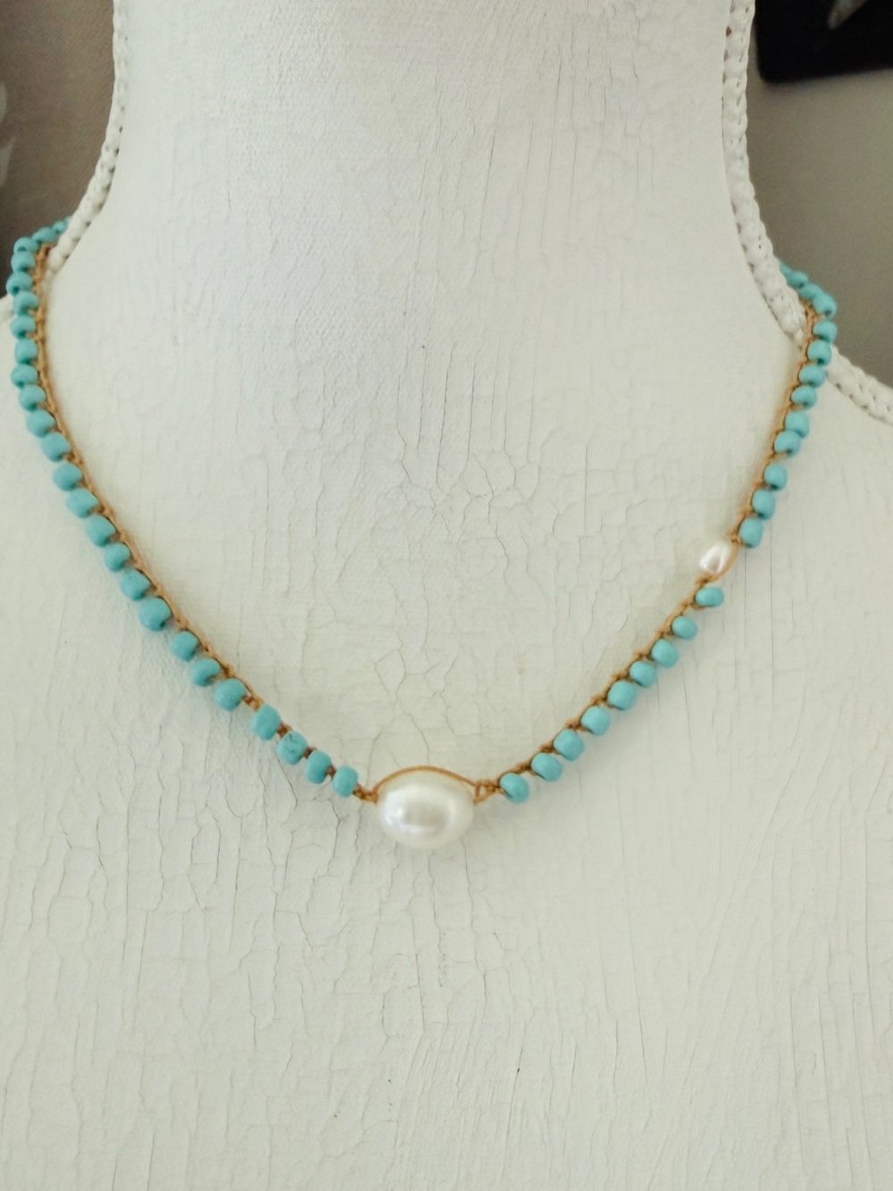 Crochet Turquoise Bead and Pearl Accent Women's Necklace